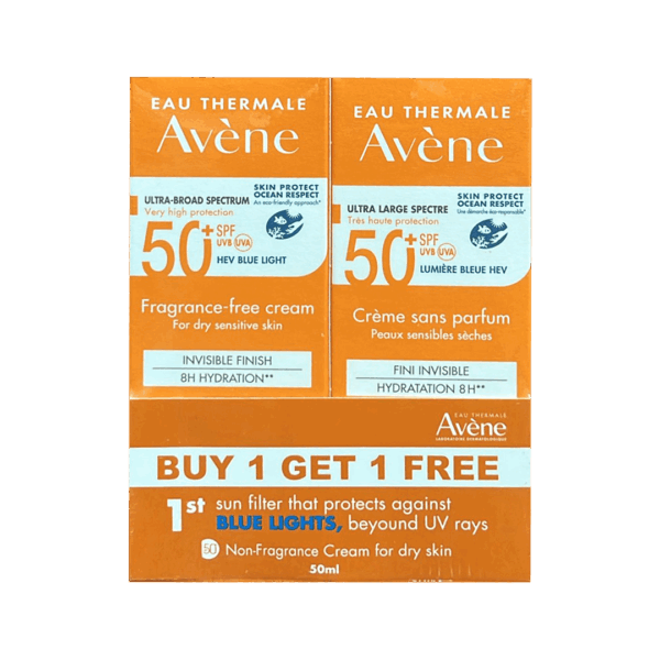 Avene Ultra Broad Spectrum SPF50+ Fragrance Free Cream 8H Hydration 50ml (1+1)
آفين كريم واقي من الشمس بعامل حماية +SPF50 - عرض (1+1) بدون عطر