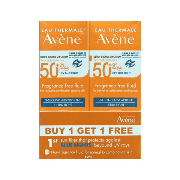 Avene Ultra Broad Spectrum SPF50+ Fragrance Free Fluid (1+1)
أفين واقي شمس بدون عطر 50+ سائل 50 مل عرض 1+1 مجاناً